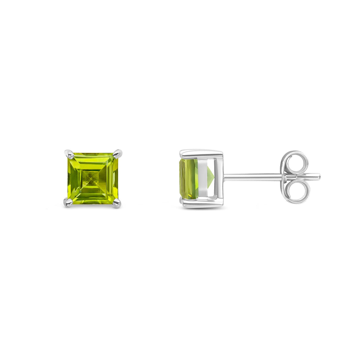9ct White Gold Square Natural Peridot Claw Stud Earrings — 5mm