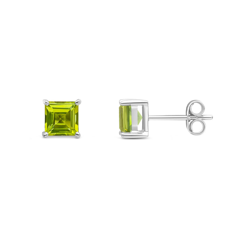9ct White Gold Square Natural Peridot Claw Stud Earrings — 5mm