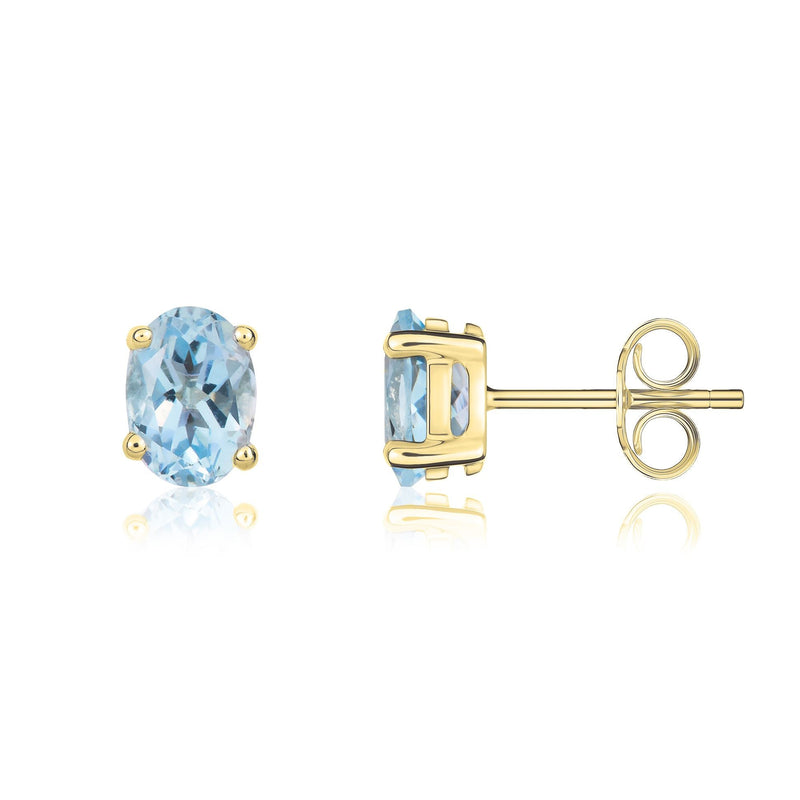 9ct Yellow Gold Oval Natural Aquamarine Claw Stud Earrings — 7x5mm