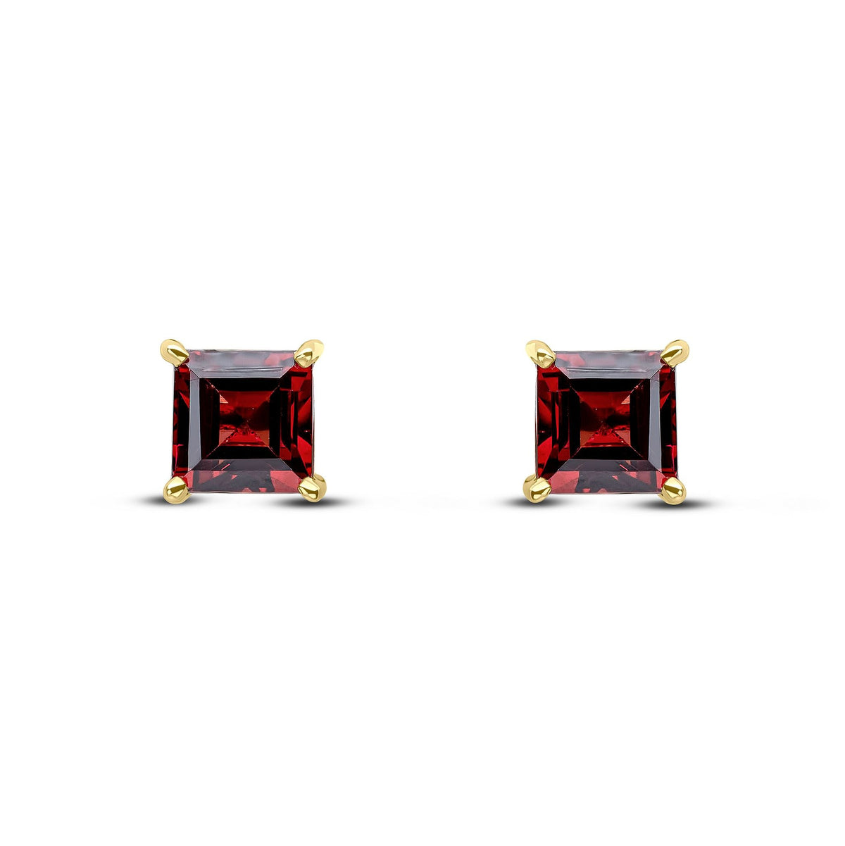 9ct Yellow Gold Square Natural Garnet Claw Stud Earrings — 5mm