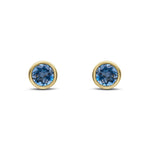 9ct Yellow Gold Round Natural London Blue Topaz Rubover Stud Earrings — 6mm