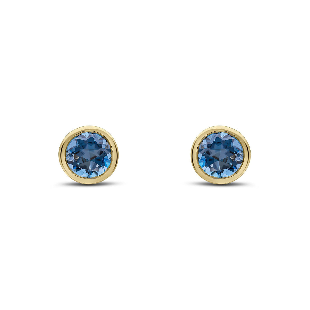 9ct Yellow Gold Round Natural London Blue Topaz Rubover Stud Earrings — 6mm
