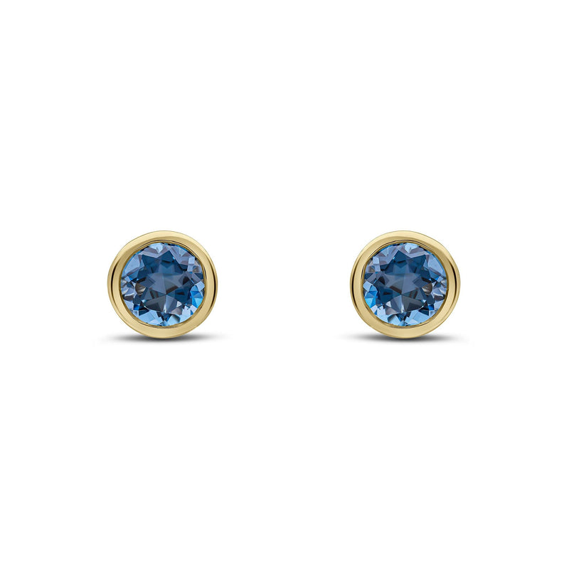 9ct Yellow Gold Round Natural London Blue Topaz Rubover Stud Earrings — 6mm