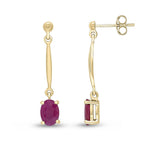 9ct Yellow Gold Oval Natural Ruby Claw Bar Drop Earrings — 7x5mm