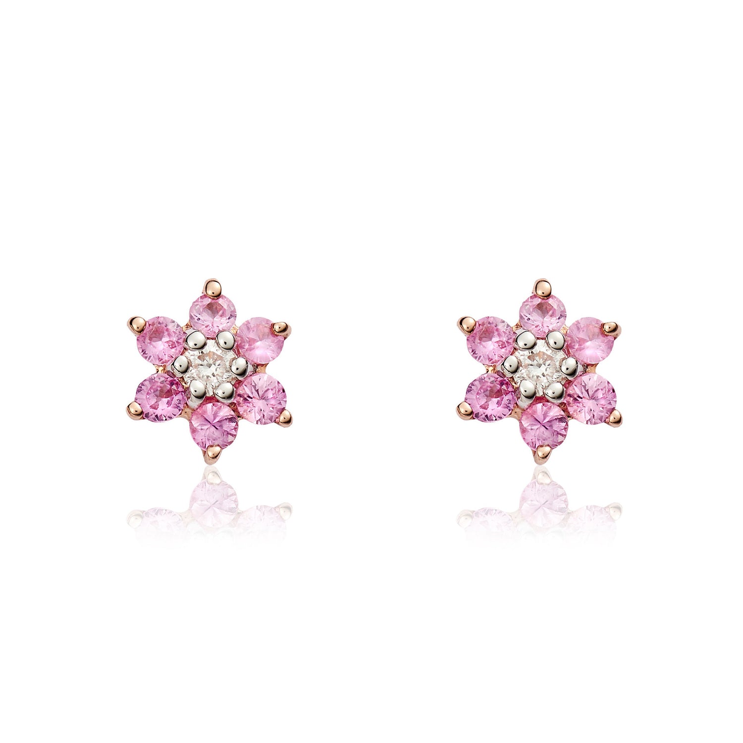 9ct Rose Gold Round Natural Pink Sapphire and Diamond Reverse Cluster Earrings