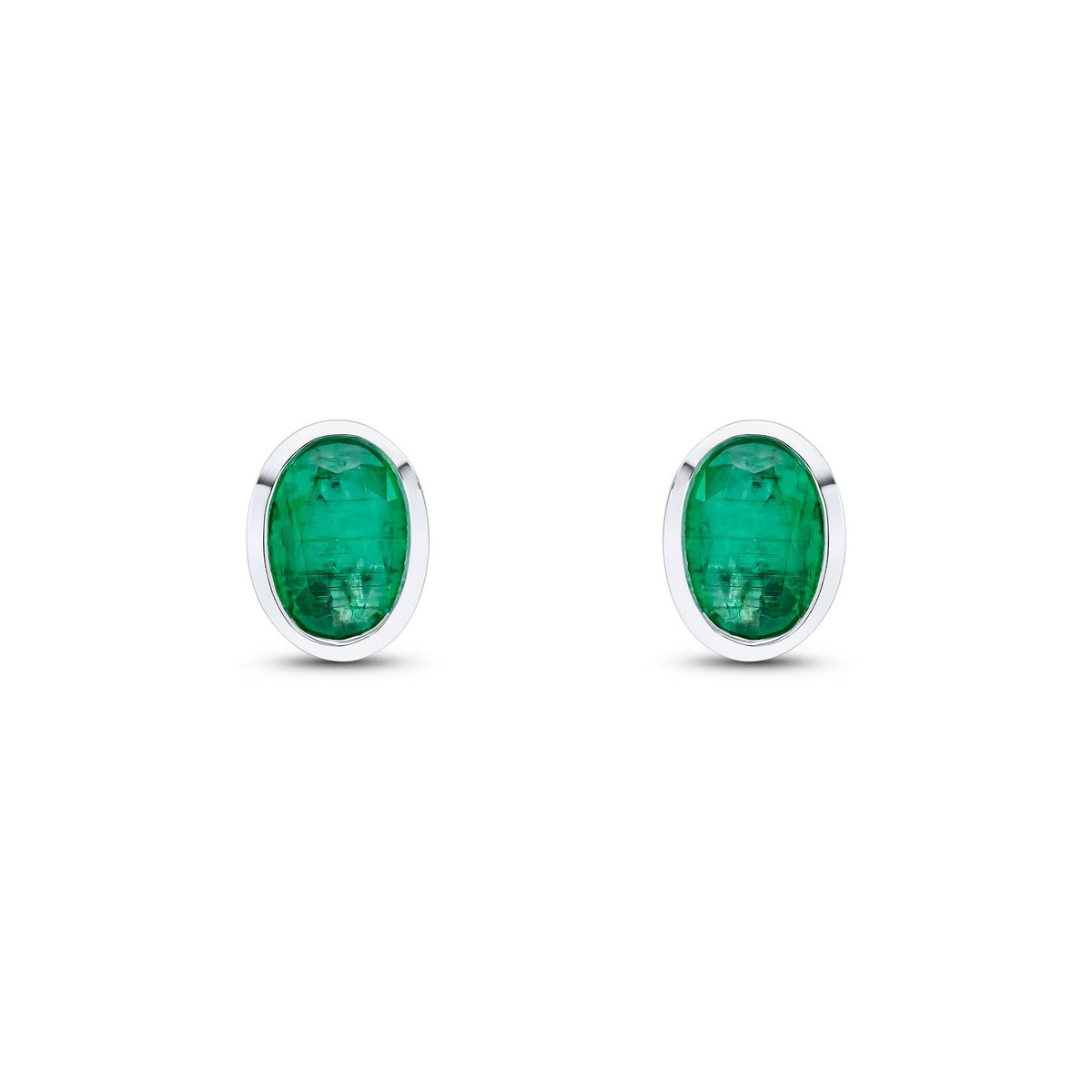 9ct White Gold Oval Natural Emerald Rubover Stud Earrings — 7x5mm
