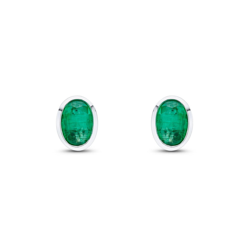 9ct White Gold Oval Natural Emerald Rubover Stud Earrings — 7x5mm