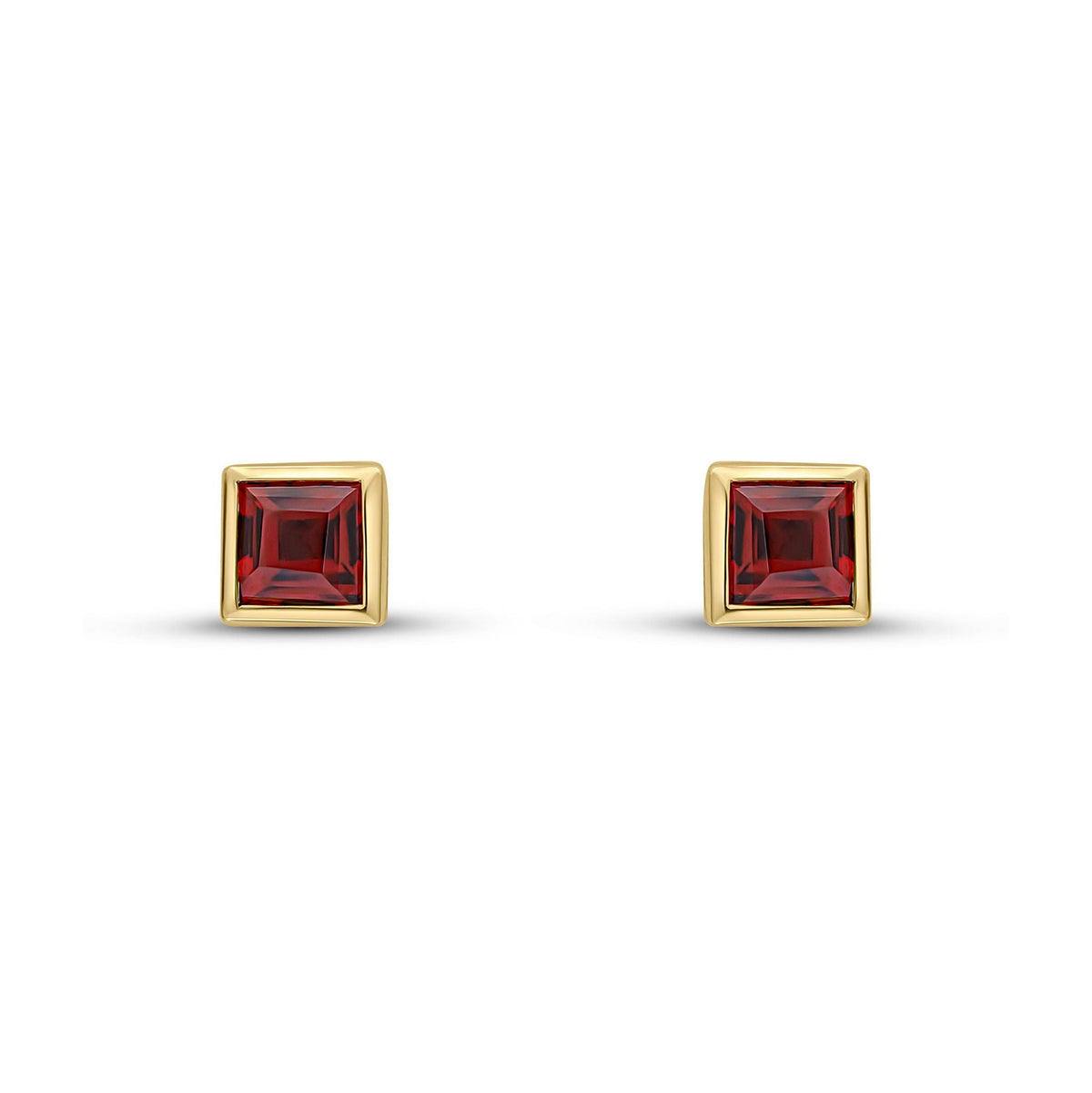 9ct Yellow Gold Square Natural Garnet Rubover Stud Earrings — 3mm