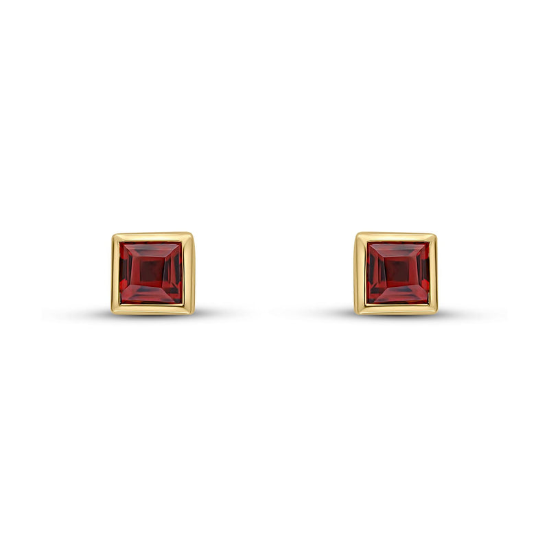 9ct Yellow Gold Square Natural Garnet Rubover Stud Earrings — 3mm