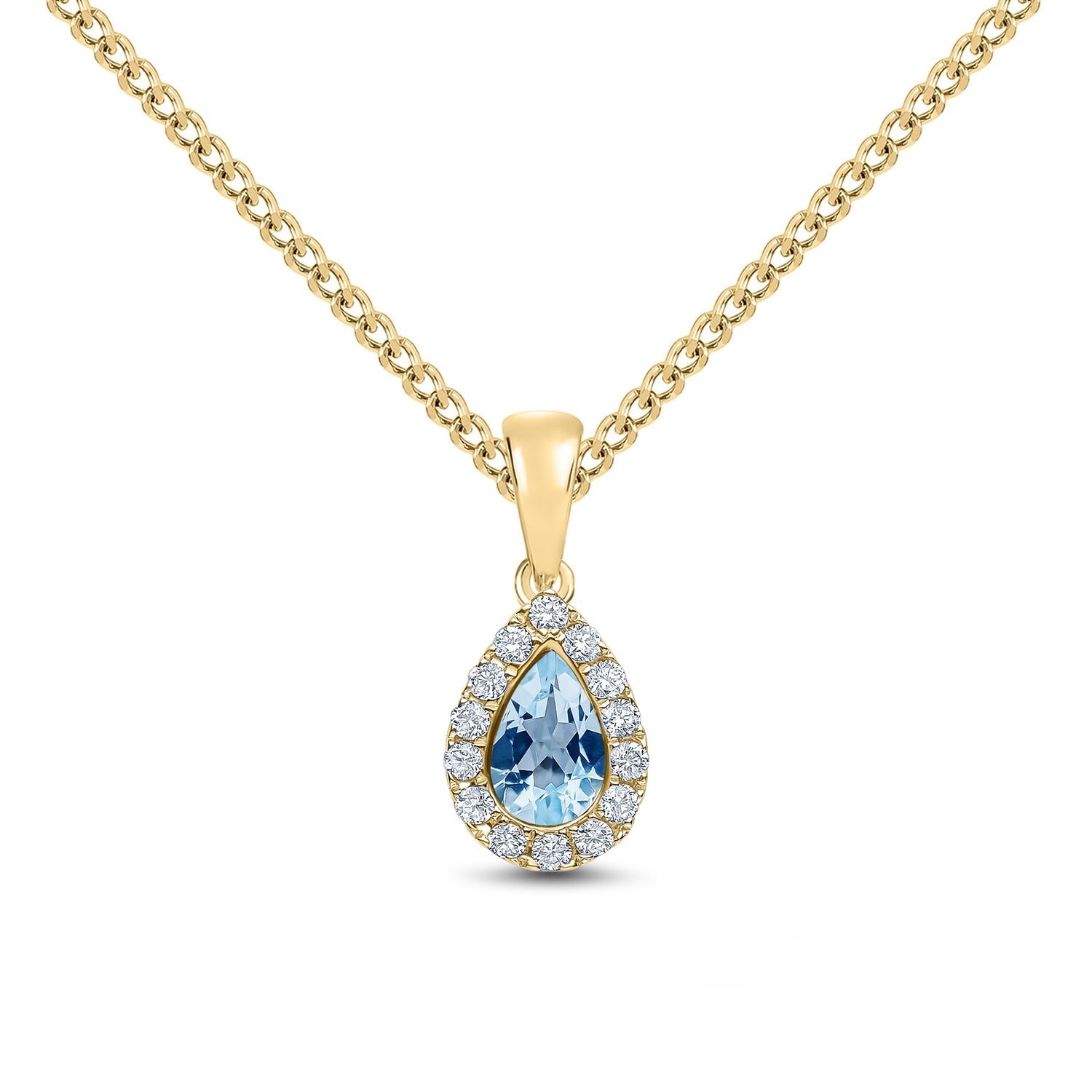 18ct Yellow Gold Pear Shaped Natural Aquamarine and Round Diamond Microset Cluster Pendant — 6x4mm