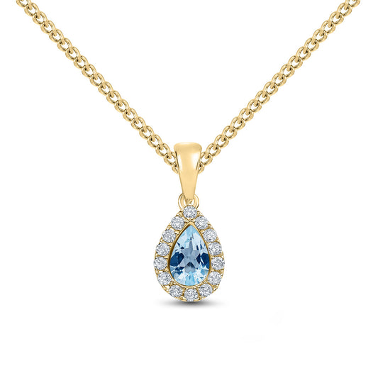 18ct Yellow Gold Pear Shaped Natural Aquamarine and Round Diamond Microset Cluster Pendant — 6x4mm