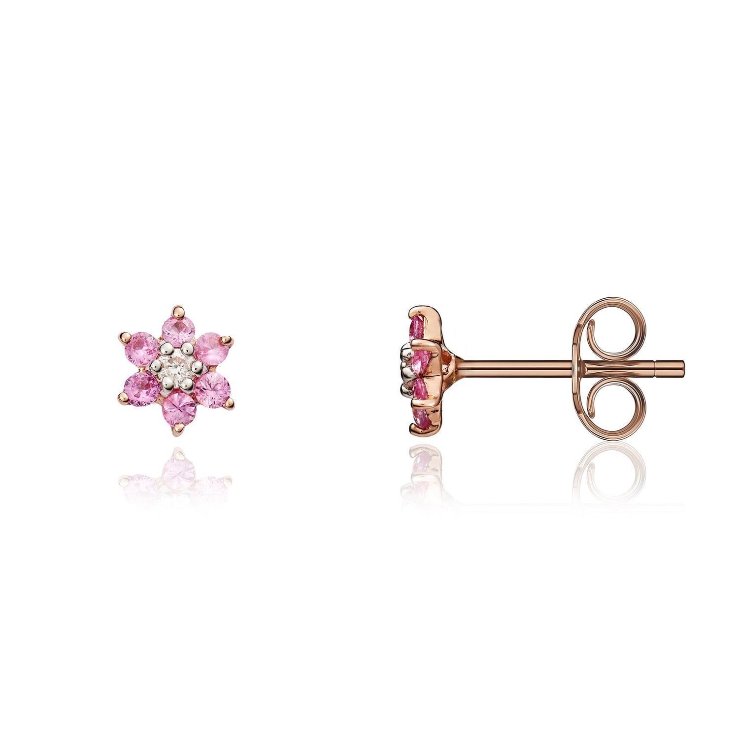 9ct Rose Gold Round Natural Pink Sapphire and Diamond Reverse Cluster Earrings