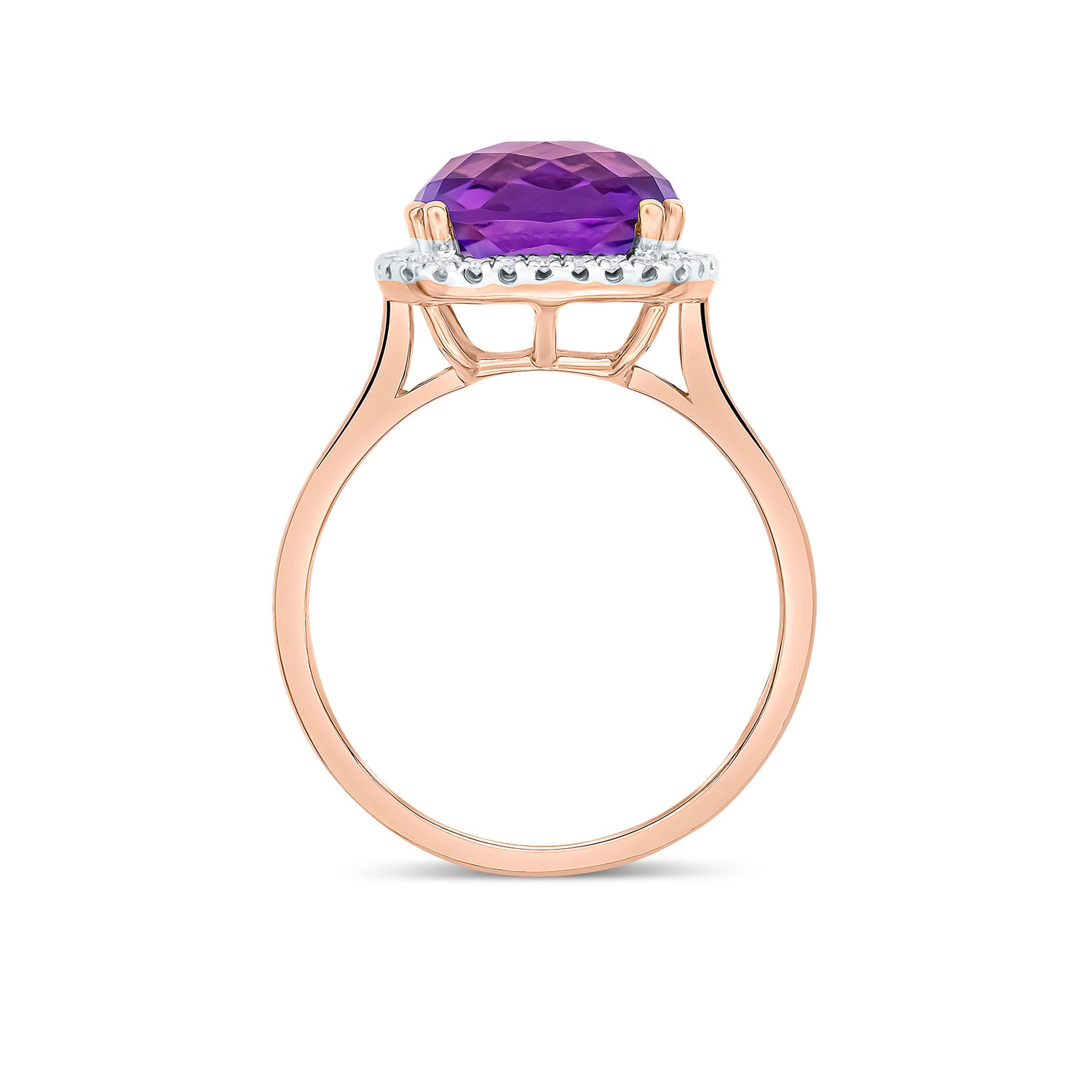 9ct Rose Gold Cushion Natural Amethyst and Diamond Cluster Ring — 10mm
