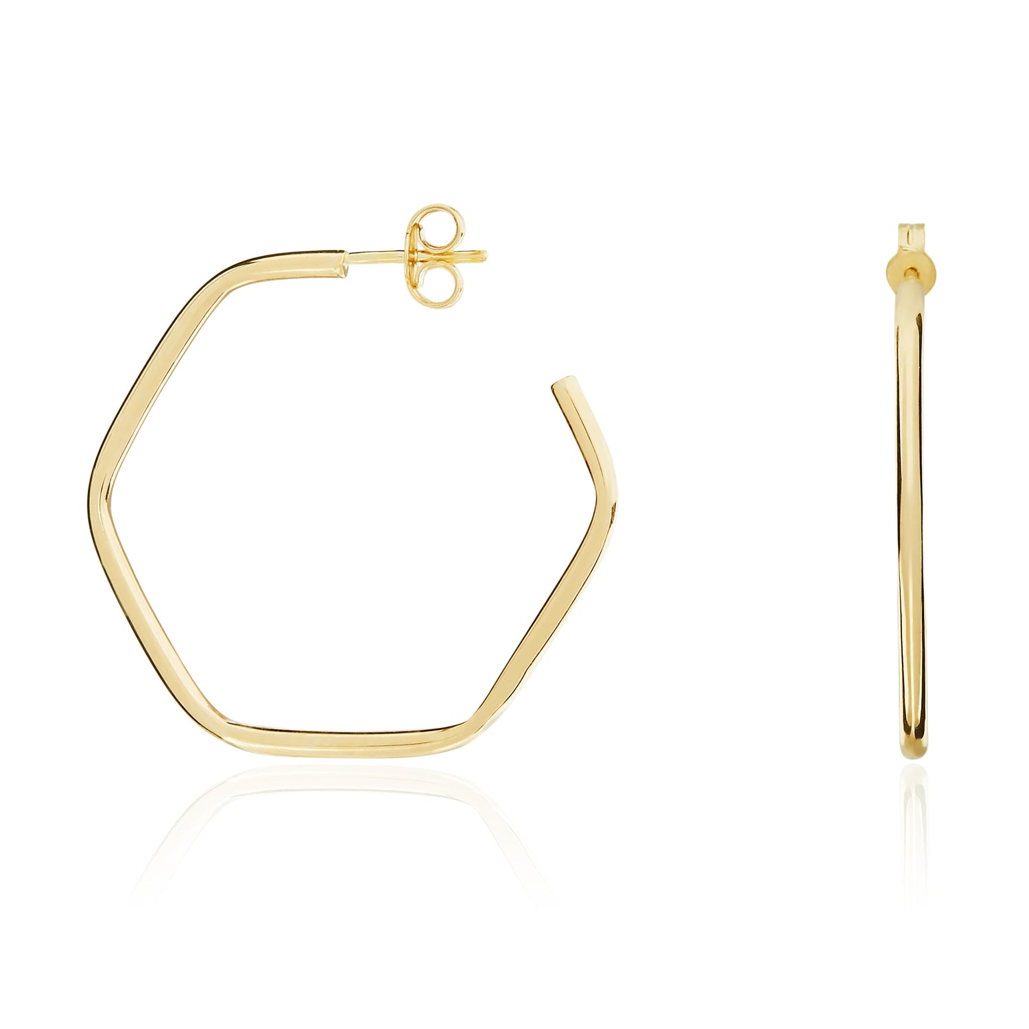 9ct Yellow Gold Hexagon Shape Hoop Earrings with Peg And Scroll Fittings – 28x1.5mm