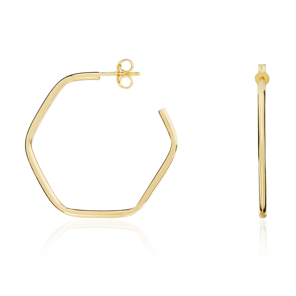 9ct Gold Hexagon Shape Hoop Earrings with Peg and Scroll Fittings — 28mm