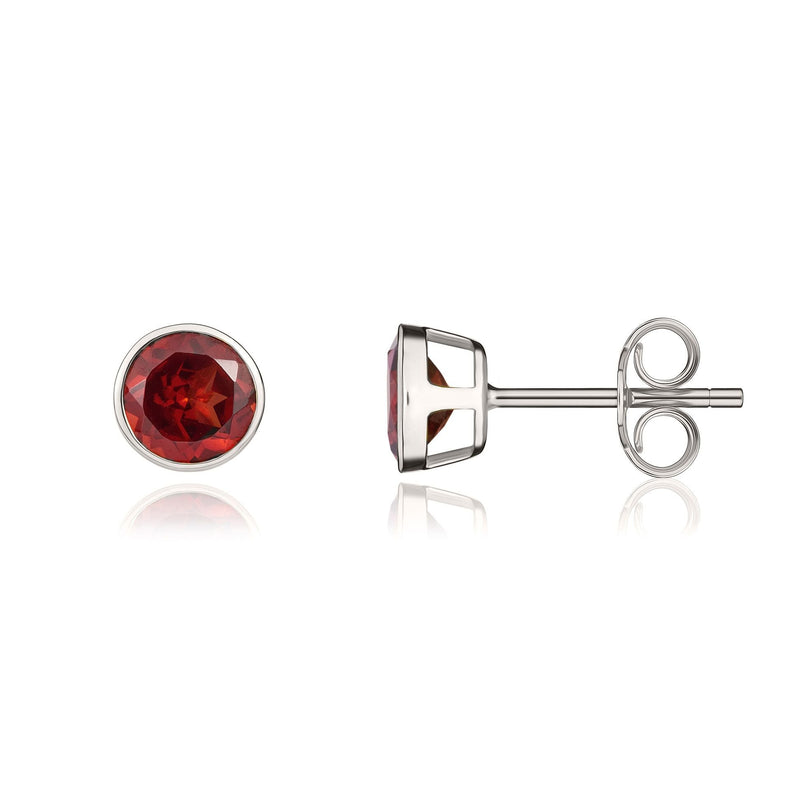 9ct White Gold Round Natural Garnet Rubover Stud Earrings — 5mm