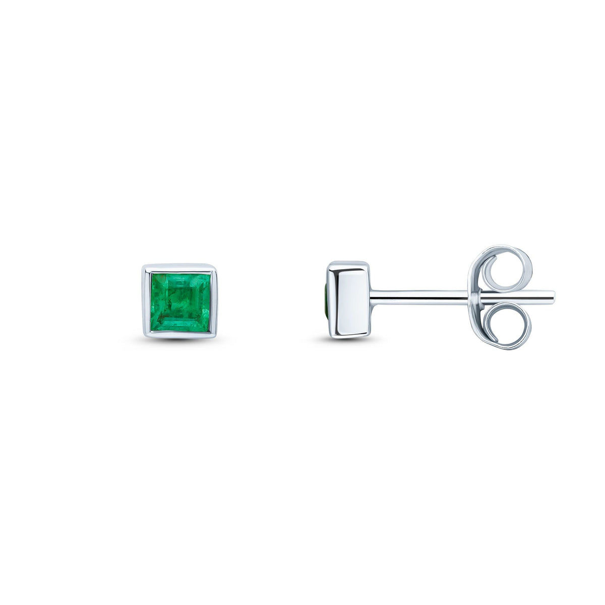 9ct White Gold Square Natural Emerald Rubover Stud Earrings — 3mm
