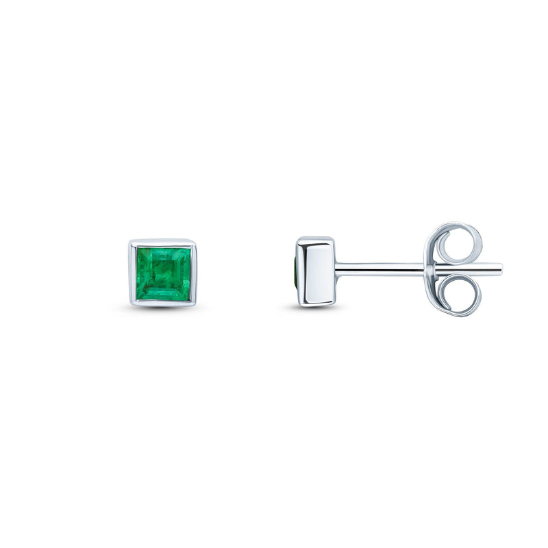9ct White Gold Square Natural Emerald Rubover Stud Earrings — 3mm