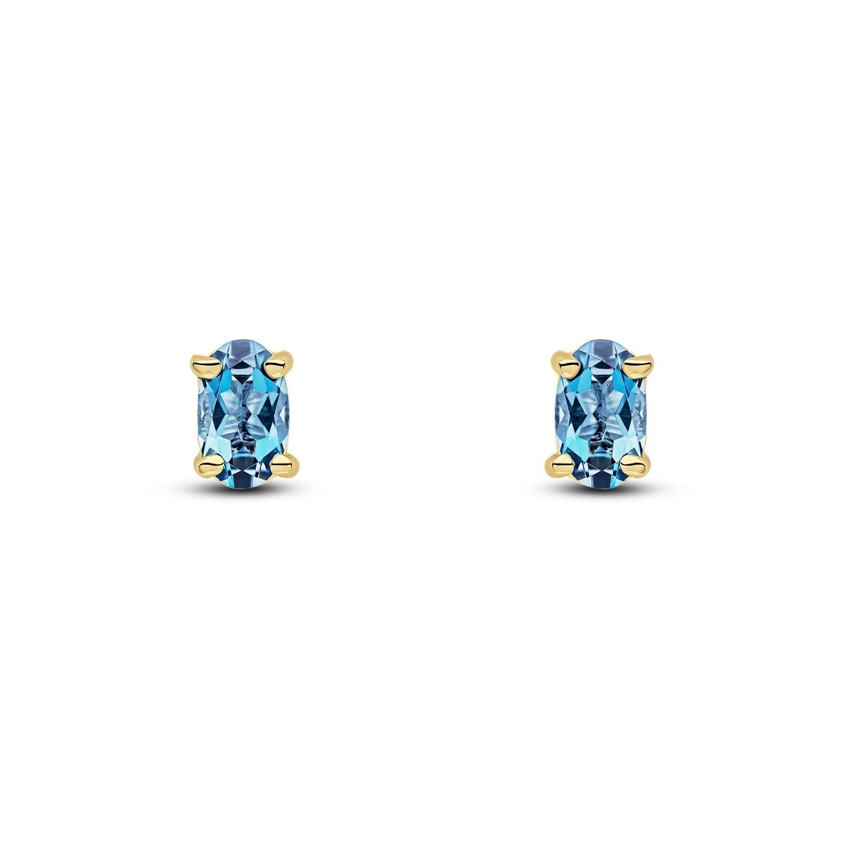 9ct Yellow Gold Oval Natural London Blue Topaz Claw Stud Earrings — 5x3mm