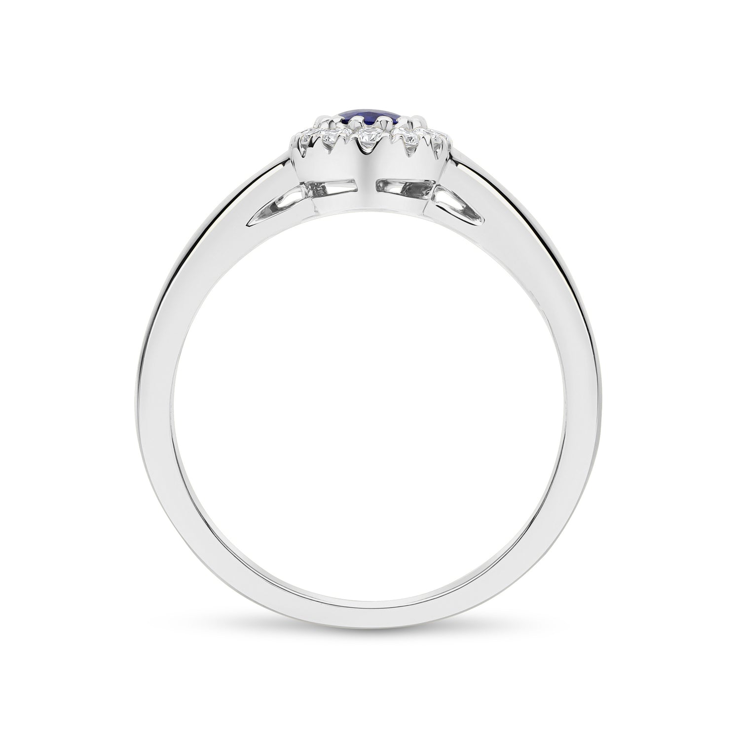 18ct White Gold Oval Natural Blue Sapphire and Round Diamond Halo Cluster Ring — 6x4mm