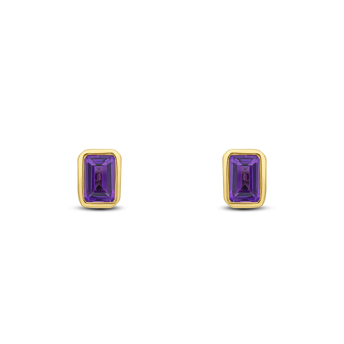 9ct Yellow Gold Octagonal Emerald Cut Natural Amethyst Rubover Stud Earrings — 5x3mm