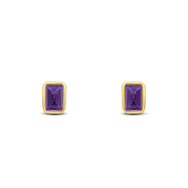 9ct Yellow Gold Octagonal Emerald Cut Natural Amethyst Rubover Stud Earrings — 5x3mm