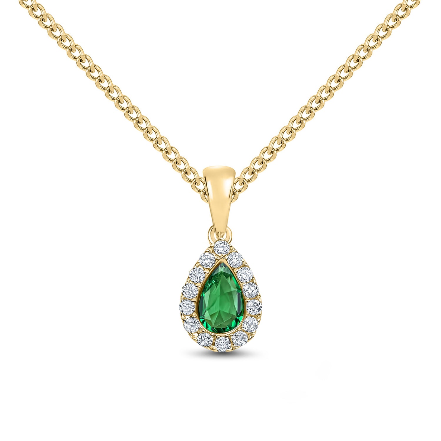 18ct Yellow Gold Pear Shaped Natural Emerald and Round Diamond Microset Cluster Pendant — 6x4mm