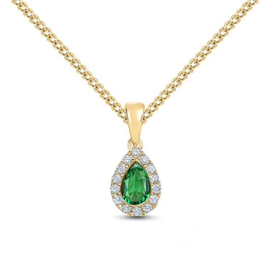 18ct Yellow Gold Pear Shaped Natural Emerald and Round Diamond Microset Cluster Pendant — 6x4mm