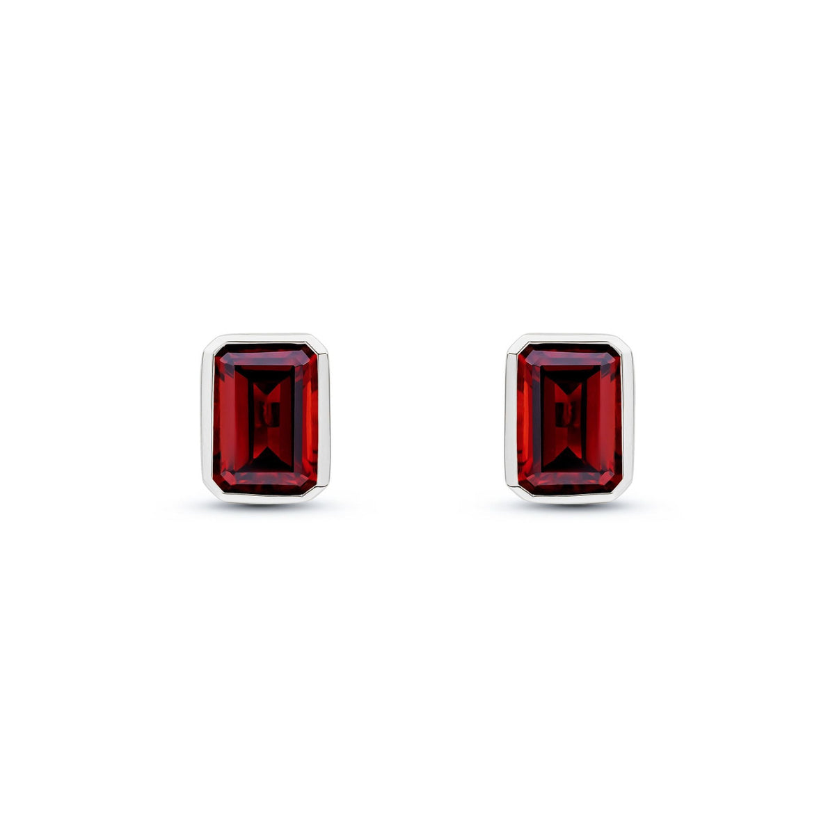 9ct White Gold Octagonal Emerald Cut Natural Garnet Rubover Stud Earrings — 7x5mm