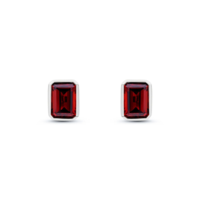 9ct White Gold Octagonal Emerald Cut Natural Garnet Rubover Stud Earrings — 7x5mm