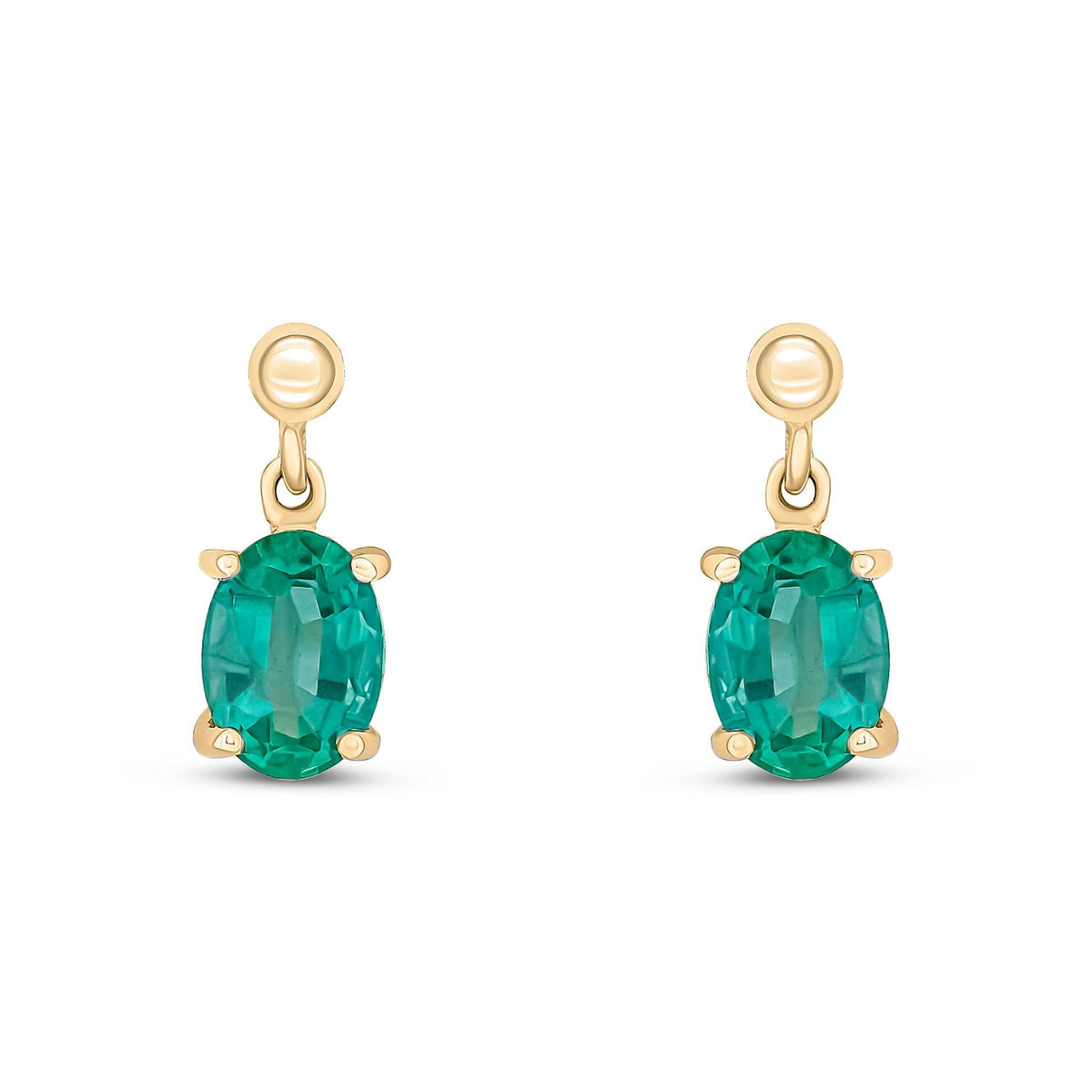 9ct Yellow Gold Oval Natural Emerald Claw Drop Earrings — 7x5mm
