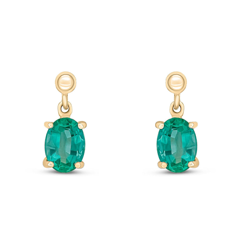 9ct Yellow Gold Oval Natural Emerald Claw Drop Earrings — 7x5mm