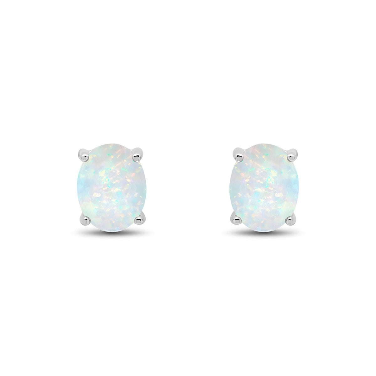 9ct White Gold Oval Natural Opal Claw Stud Earrings — 9x7mm