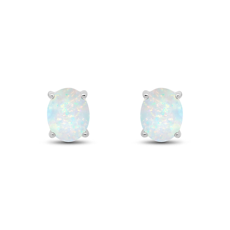 9ct White Gold Oval Natural Opal Claw Stud Earrings — 9x7mm