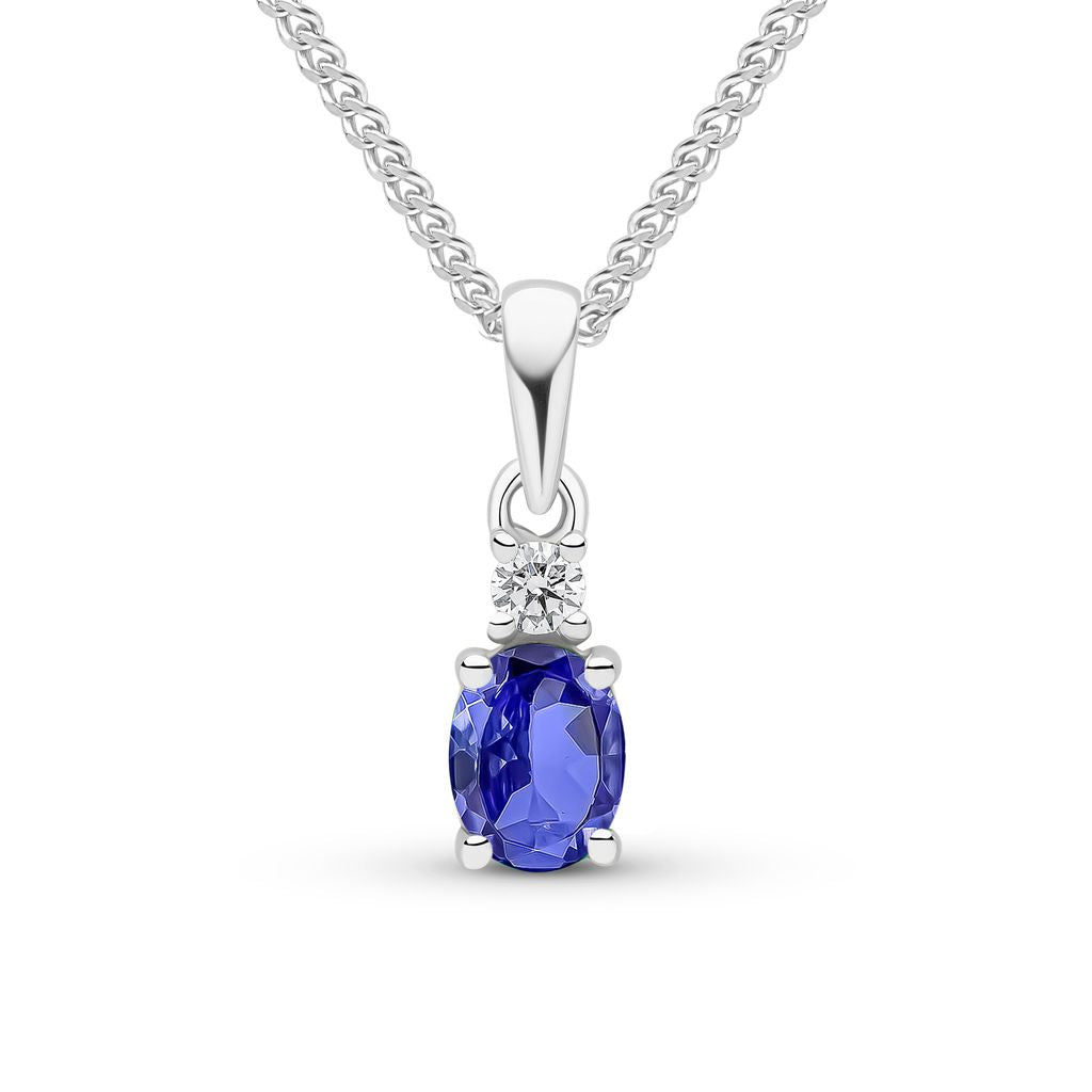 18ct White Gold Oval Natural Tanzanite and Round Diamond Two Stone Pendant — 5x4mm