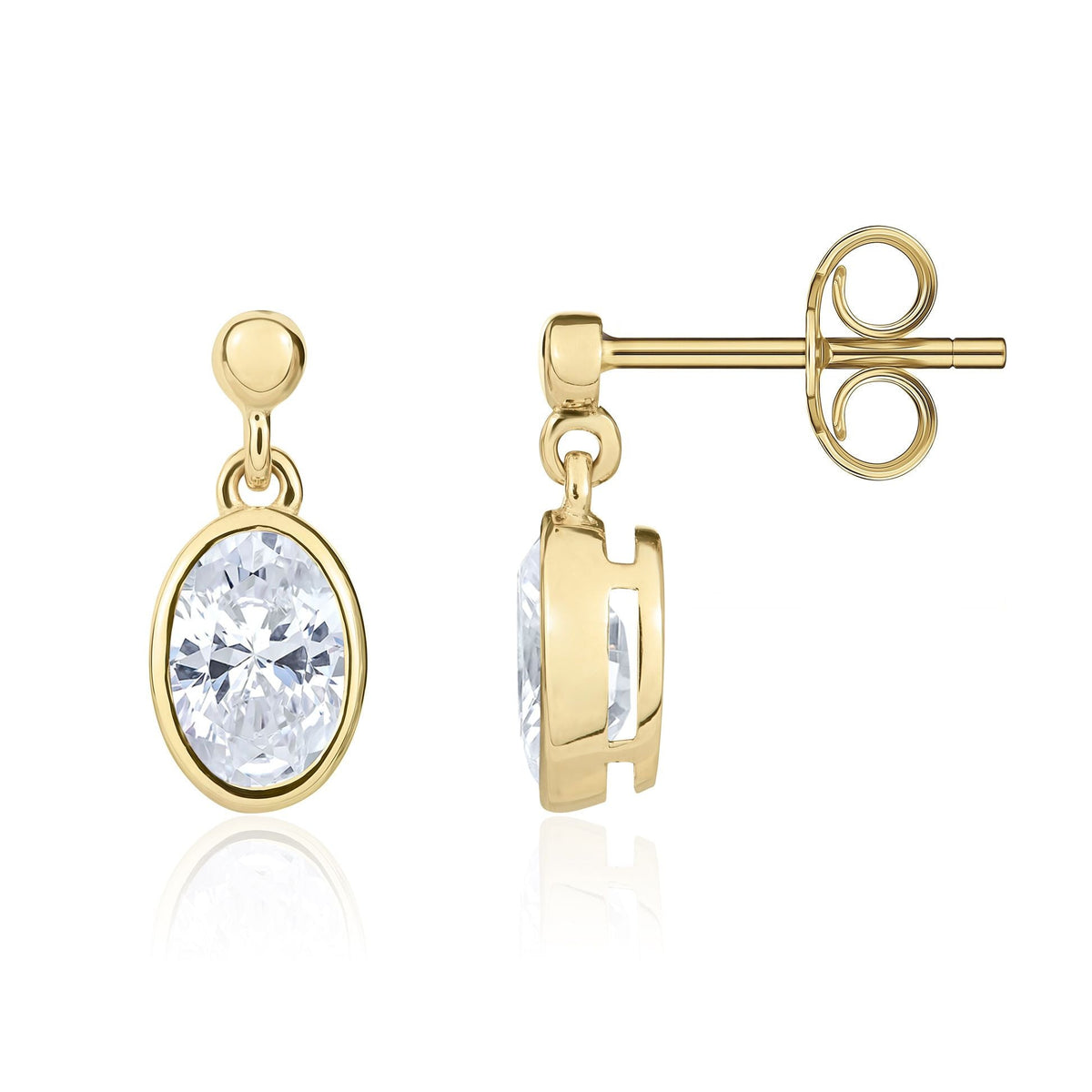 9ct Yellow Gold Oval Cubic Zirconia CZ Rubover Drop Earrings — 7x5mm
