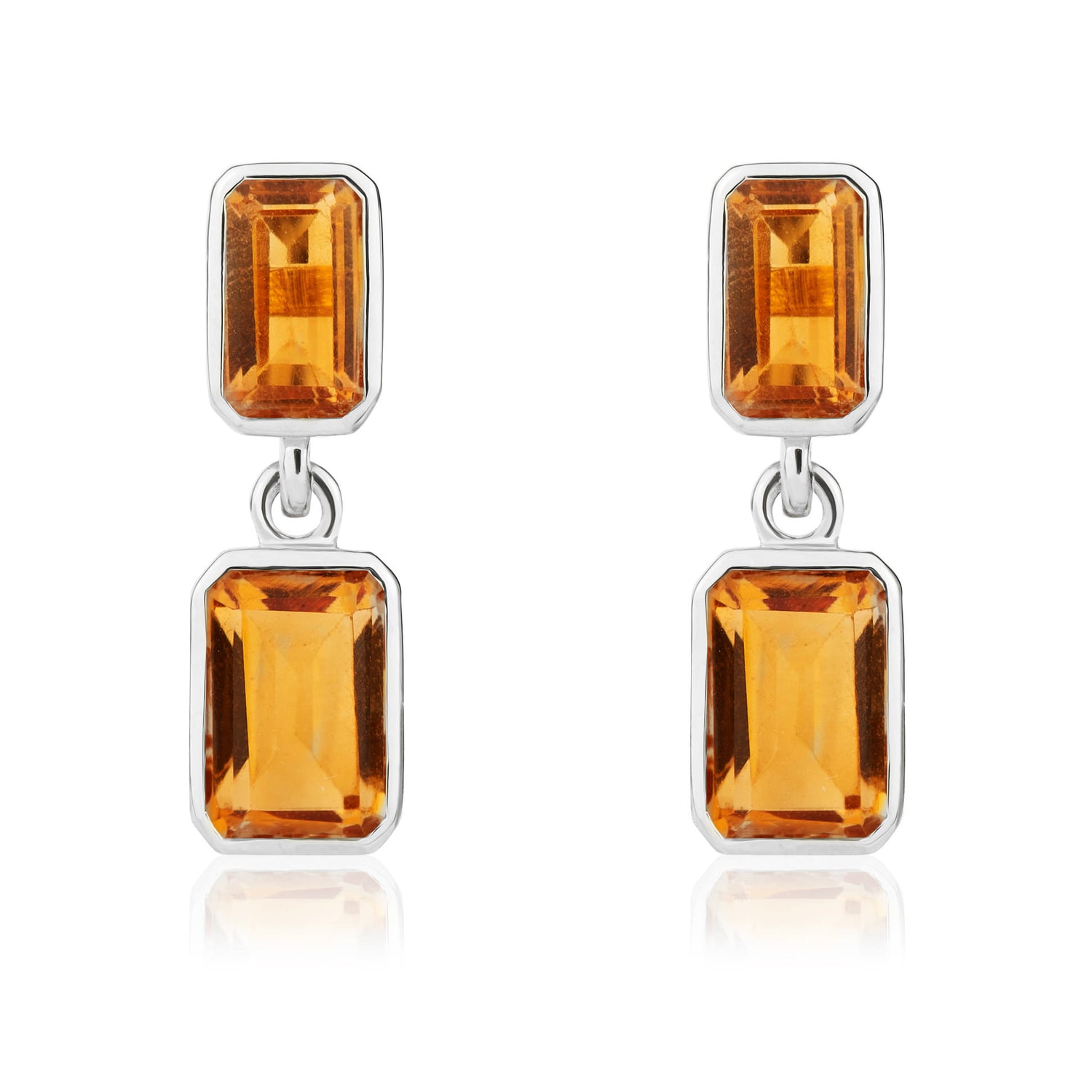 9ct White Gold Octagonal Emerald Cut Natural Citrine Double Stone Rubover Drop Earrings