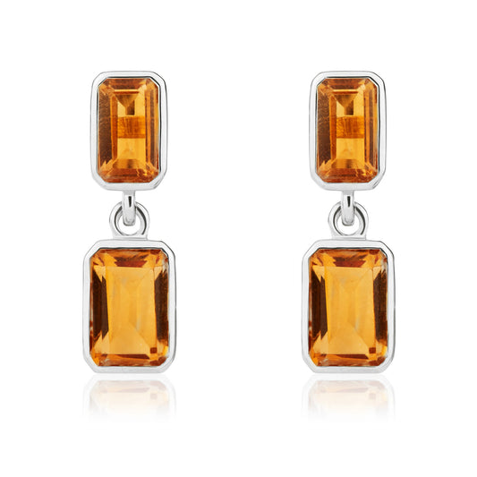 9ct White Gold Octagonal Emerald Cut Natural Citrine Double Stone Rubover Drop Earrings