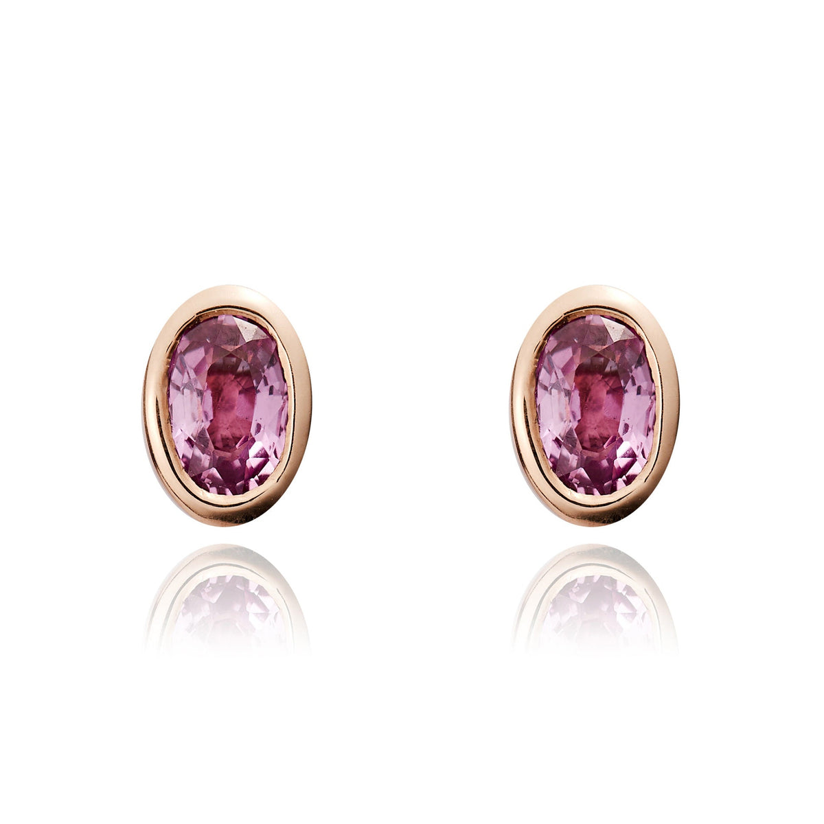 9ct Rose Gold Oval Natural Pink Sapphire Rubover Stud Earrings — 5x3mm