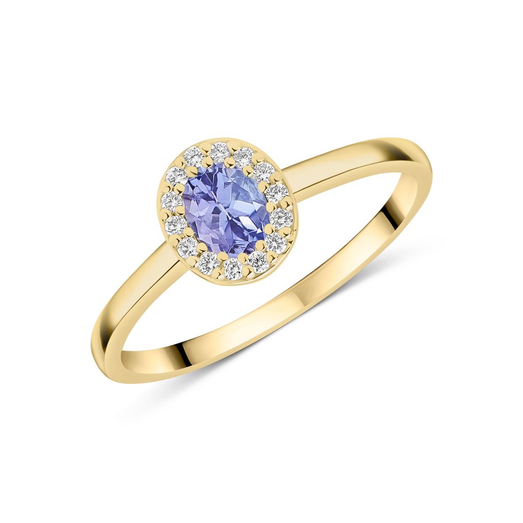 18ct Yellow Gold Oval Tanzanite and Diamond Microset Cluster Ring — 5x4mm