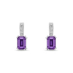 9ct White Gold Octagonal Natural Amethyst & Diamond Drop Earrings — 6x4mm