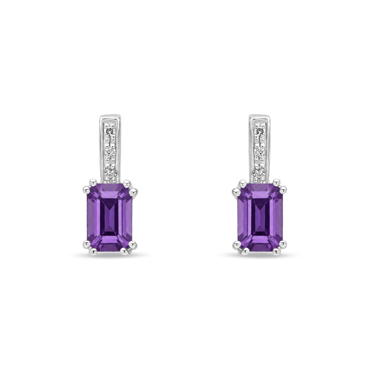 9ct White Gold Octagonal Natural Amethyst & Diamond Drop Earrings — 6x4mm