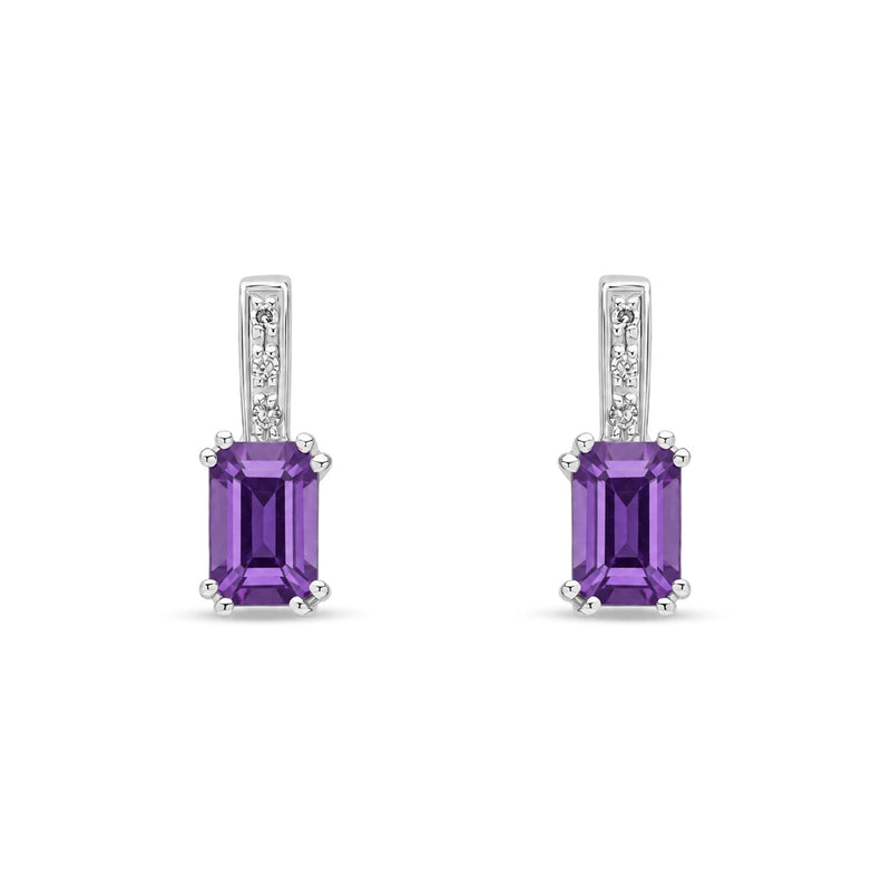 9ct White Gold Octagonal Natural Amethyst & Diamond Drop Earrings — 6x4mm