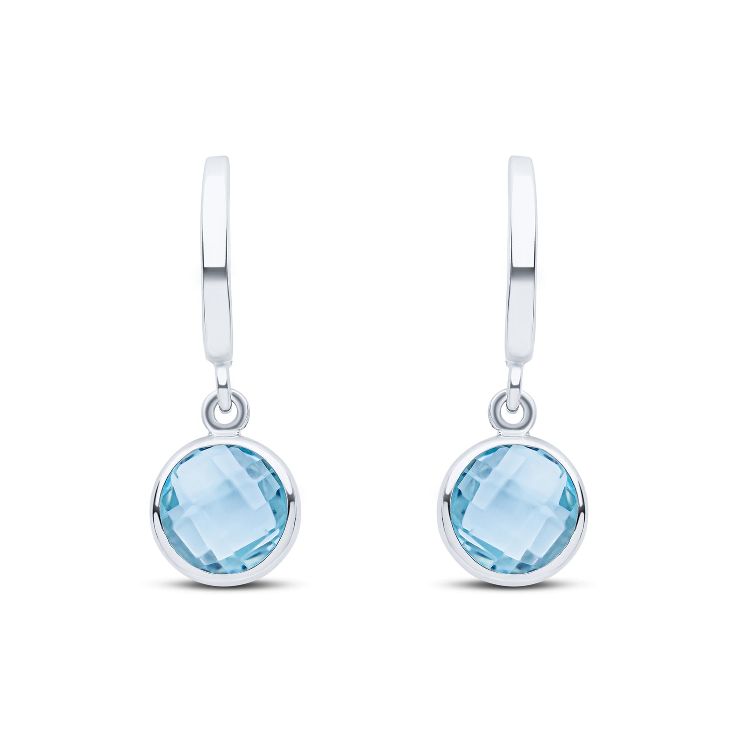 9ct White Gold Curved Bar with Checkerboard Cut Round Natural Swiss Blue Topaz Spec Set Drop Earrings — 20mm