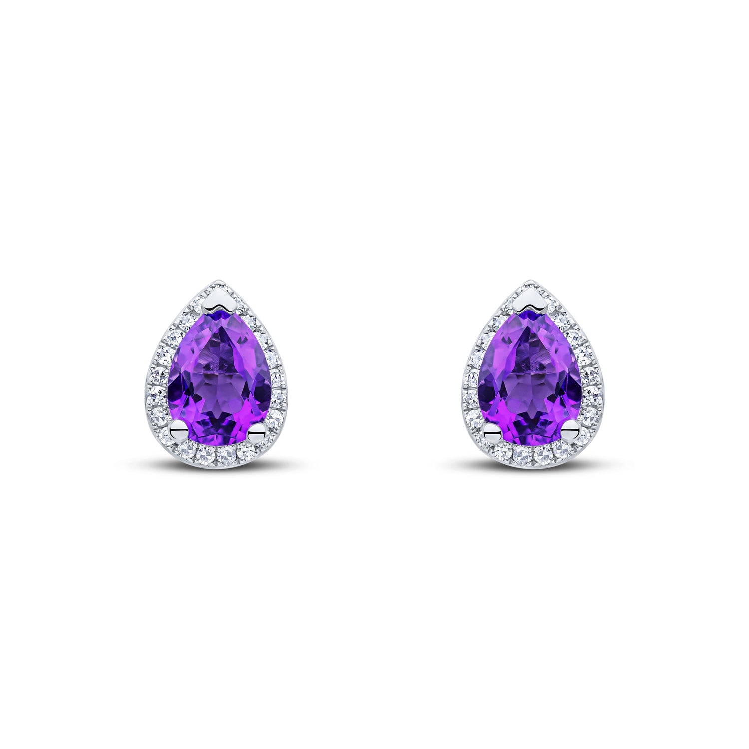 9ct White Gold Pear Shaped Natural Amethyst and Diamond Cluster Earrings — 7x5mm