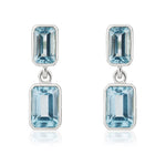 9ct White Gold Octagonal Emerald Cut Natural Swiss Blue Topaz Double Stone Rubover Drop Earrings