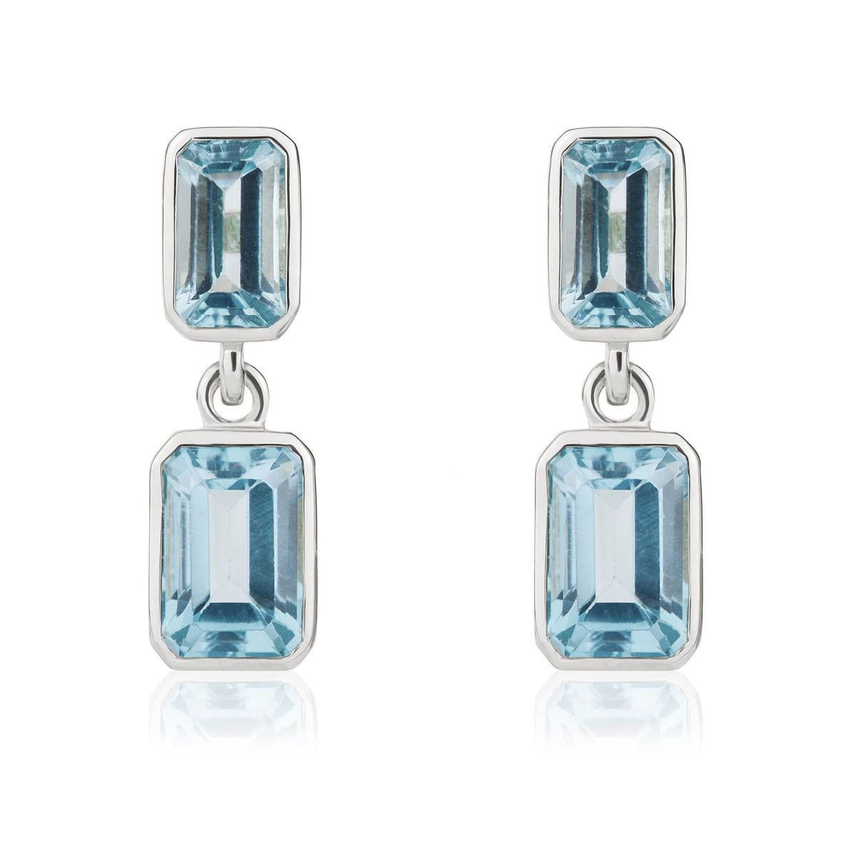 9ct White Gold Octagonal Emerald Cut Natural Swiss Blue Topaz Double Stone Rubover Drop Earrings