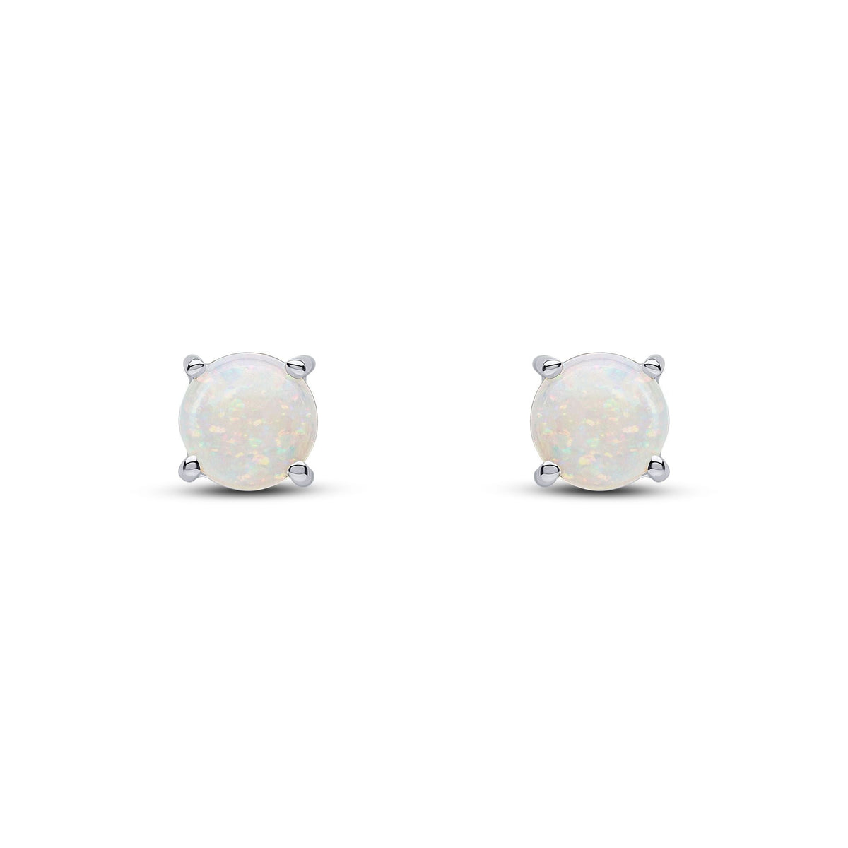 9ct White Gold Round Natural Opal Claw Set Stud Earrings — 6mm