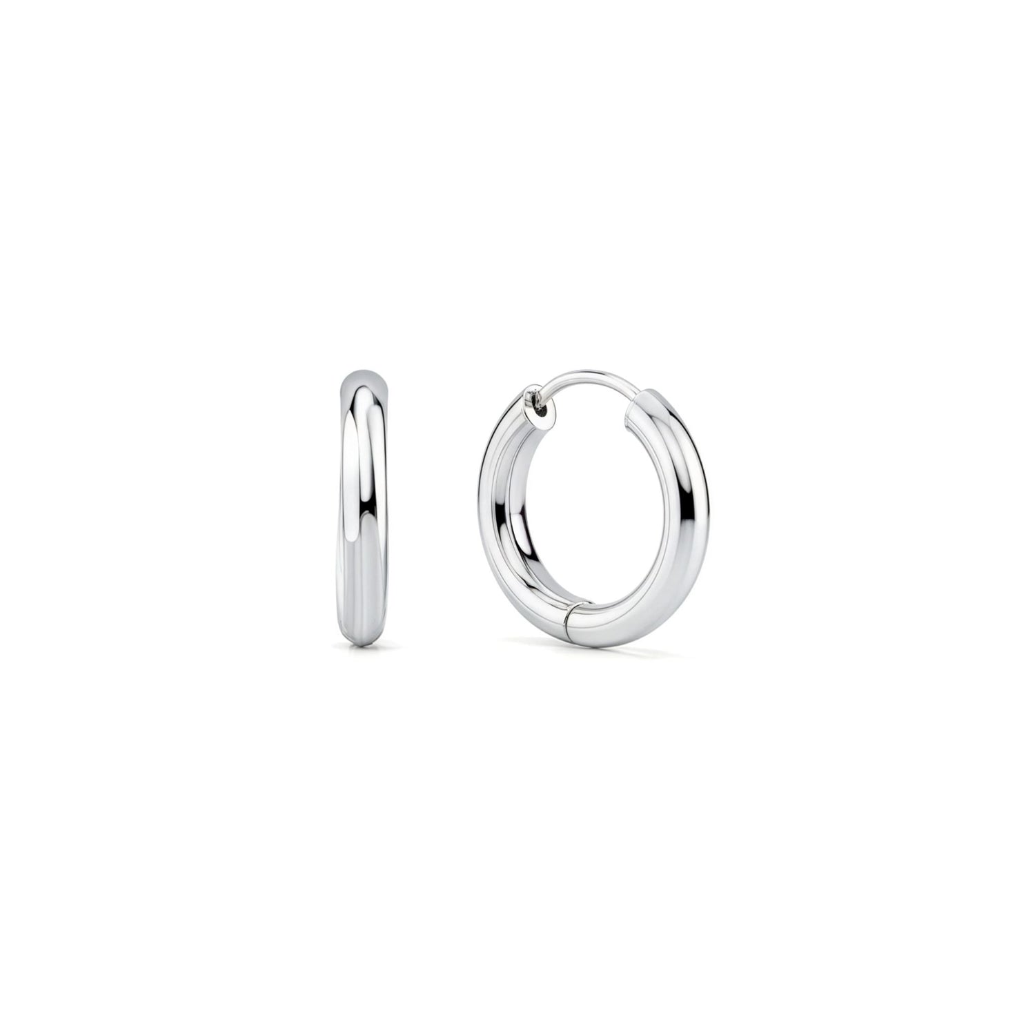 9ct White Gold Polished Round Hinged Huggie Hoop Earrings – 15x2.5mm