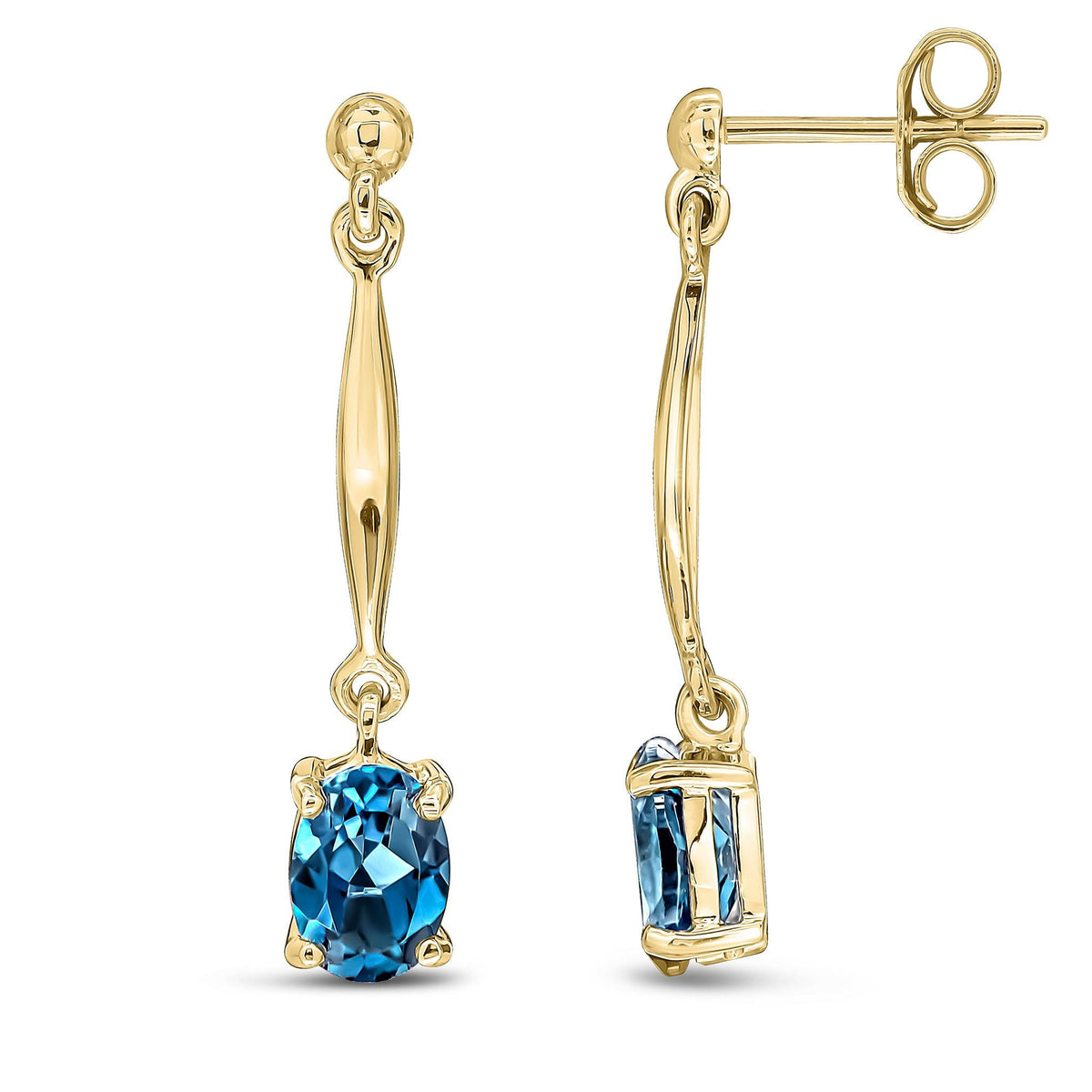 9ct Yellow Gold Oval Natural London Blue Topaz Claw Bar Drop Earrings — 7x5mm